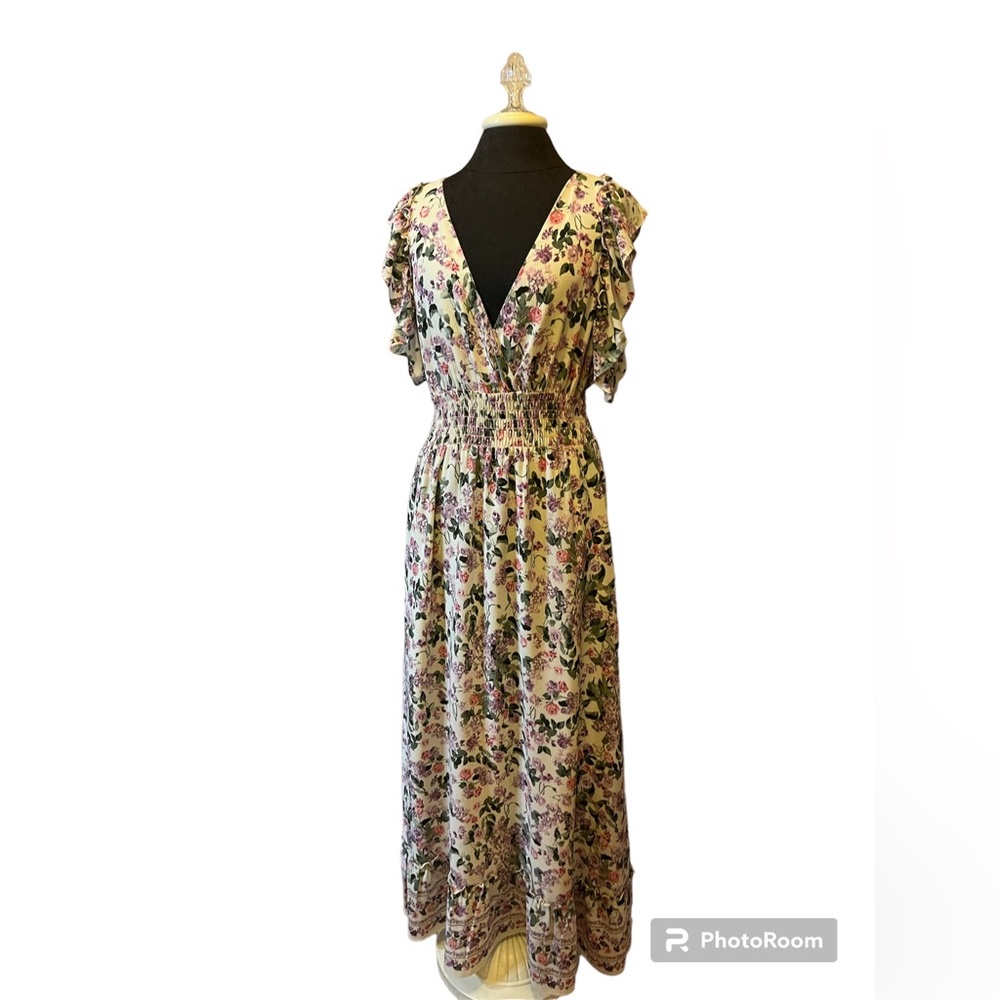 Maxi Floral Max Studio Dress short sleeve low V neck size Large Tall